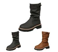 Women's Mid-Calf Boots, Ladies Round Toe Chunky Block Heel Riding Boots Slouchy Comfortable Pull On Shoes Winter Suede Rouched Shoes with Adjustable Buckle Dark Gray