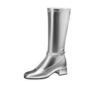 Women's Mid-Calf Boots, Retro PU Leather Riding Boots with Low Block Heel And Square Toe Elegant Tall Boots for Outdoor Party & Everyday Wear,Silver,5.5 UK