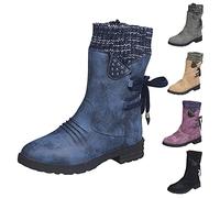 Womens Mid Calf Boots, Snow Boots For Women Stylish Flat Booties With Non Slip Sole Comfortable Warm Fleece Lined Booties With Back Lace Design Outdoor Lightweight Snow Shoes Mid Calf Walking Shoes