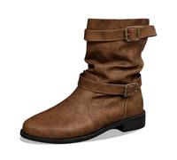 Womens Mid Calf Boots Winter Fashion Buckle Style Comfortable Slip On Ankle Boots(Brown, 6)