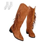 Women's Mid-Calf Boots with Fringes, Slip-On Slouch Boots in A Suede Look with A Low Heel, Comfortable Winter Boots with A Pointed Toe for Autumn And Winter,Brown,4 UK