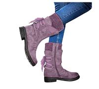 Womens Mid Calf Boots With Knit Elastic, Womens Retro Boots With Back Strap Warm, Vintage Casual Booties Comfortable And Thermal Booties Non-Slip Chunky Heel Snow Shoes With Side Zipper