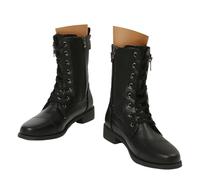 Women's Mid Calf Combat Boots Side Zipper Block Heel PU Leather Ankle Boots Low Heel Comfortable Stylish Casual Shoes Black