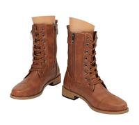 Women's Mid Calf Combat Boots Side Zipper Block Heel PU Leather Ankle Boots Low Heel Comfortable Stylish Casual Shoes Brown