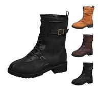 Women's Mid Calf Combat Boots Slouchy Suede Lace Up Boots Round Toe Flat Low Heel Motorcycle Riding Boot Ladies Comfortable Anti-Slip Walking Booties Black