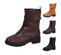 Women's Mid Calf Combat Boots Slouchy Suede Lace Up Boots Round Toe Flat Low Heel Motorcycle Riding Boot Ladies Comfortable Anti-Slip Walking Booties Coffee