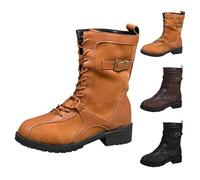 Women's Mid Calf Combat Boots Slouchy Suede Lace Up Boots Round Toe Flat Low Heel Motorcycle Riding Boot Ladies Comfortable Anti-Slip Walking Booties Yellow