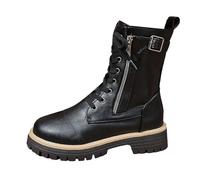 Women's Mid Calf Combat Boots Wide Fit Leather Biker Boots Ladies Block Heel Non Slip Lace up Side Zip Walking Short Booties Outdoor Waterproof Hiking Boots for Camping Climbing Size 3-8