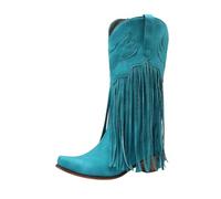 Women's Mid-Calf Cowboy Boots In Retro Faux Leather With Pointed Toe Chunky Heels And Tassel Fringe For A Western Vibe