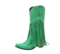 Women's Mid-Calf Cowboy Boots In Retro Faux Leather With Pointed Toe Chunky Heels And Tassel Fringe For A Western Vibe