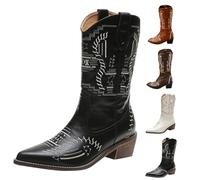 Women's Mid Calf Cowboy Boots Retro Embroidered Block Heel Side Pointed Toe Western Chunky Riding Shoes Classic Stitched Boots Anti-Slip Lightweight Stylish Shoes Size 4.5 Black