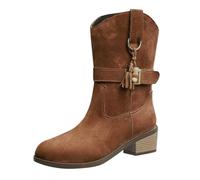 Women's Mid Calf Cowboy Boots,Wide Fit Ladies Cowgirl Boots Suede Waterproof Wide Calf Booties Thick Heel Pull on Booties Comfortable Outdoor Slip on Walking Boot Trekking Boot Hiking Shoes Size 3-8