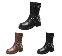 Women's Mid-Calf Cowboy Cowgirl Boots with Buckle Pull On Low Chunky Heel Motorcycle Style, Ladies Classic Comfortable Round Toe, Western Fashion Casual Leather Boots Size 5 Black