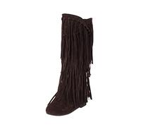 Women's Mid Calf Fringe Boots with Layered Tassels, Boho Western Style Flat Boots for Women, Round Toe Suede Look Booties, Soft Sole Comfort Fit, Retro Stitching Detail, Side Zip Closure