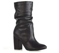 Womens Mid Calf High Heel Boots Ladies Pull On Winter Faux Suede Rouched Shoes Size 3-8 Black Synthetic Leather