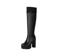 Womens Mid Calf Knee High Boots Comfortable Platform Thick High Heel Round-Toe Side Zipper Lace Shoes Punk Style Shoes Combat Booties for Women Fall Winter Casual Trendy Riding Boots