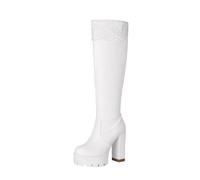 Womens Mid Calf Knee High Boots Comfortable Platform Thick High Heel Round-Toe Side Zipper Lace Shoes Punk Style Shoes Combat Booties for Women Fall Winter Casual Trendy Riding Boots