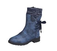 Women's Mid-Calf Pull-On Boots with Turn-Down Knit Cuffs and Side Lacing | Smooth PU upper, rounded toe and low block heel, with decorative side eyelet detail and lace ties; offered across colourway