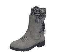 Women's Mid-Calf Pull-On Boots with Turn-Down Knit Cuffs and Side Lacing | Smooth PU upper, rounded toe and low block heel, with decorative side eyelet detail and lace ties; offered across colourway