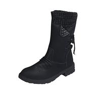 Women's Mid-Calf Pull-On Boots with Turn-Down Knit Cuffs and Side Lacing | Smooth PU upper, rounded toe and low block heel, with decorative side eyelet detail and lace ties; offered across colourway