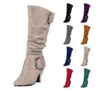 Womens Mid Calf Suede Boots Winter Slouchy High Heel Boots Ladies Slip on Chunky Block Heel Pointed Toe Boot with Closed Round Toe Buckle Fall and Winter Wear for Women Beige