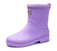 Womens Mid Calf Wellington Wellies, Matte Solid Colour Thickened Waterproof Rubber Rain Boots, Non Slip Textured Sole Fashion Mid Height Welly Shoes for Gardening Daily Rainy Commute Purple