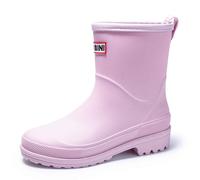 Womens Mid Calf Wellington Wellies, Matte Solid Colour Thickened Waterproof Rubber Rain Boots, Non Slip Textured Sole Fashion Mid Height Welly Shoes for Gardening Daily Rainy Commute Pink