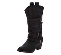 Women's Mid Calf Western Cowgirl Boots Pointed Toe Cowboy Boots for Women Fashion Pull on Chunky Low Heel Slouchy Buckled Strap Winter Boots with Pull-Up Tabs