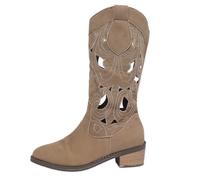 Women's Mid Calf Western Riding Boots with Hollow Out Design Pointed toe Chunky Heel Pull On Retro Casual Shoes (Khaki,4)