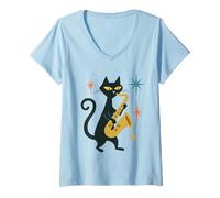 Womens Mid Century Modern Cat Saxophone Retro Futuristic V-Neck T-Shirt