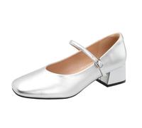Women's Mid-Heel Mary Janes Shoes with Square Toe Chunky Heel Open-Toe Casual Shoes in Soft Leather for Comfortable Fairy-Like Style Silver