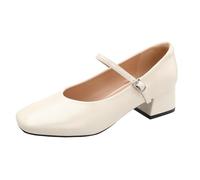 Women's Mid-Heel Mary Janes Shoes with Square Toe Chunky Heel Open-Toe Casual Shoes in Soft Leather for Comfortable Fairy-Like Style Beige