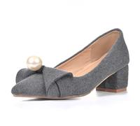 Women's Mid Heel Pumps Suede Pointed Toe Block Heel Shoes with Bow and Pearl Detail for Work and Formal Wear Large Size,Grey,8 UK