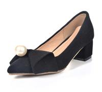 Women's Mid Heel Pumps Suede Pointed Toe Block Heel Shoes with Bow and Pearl Detail for Work and Formal Wear Large Size,Black,9 UK