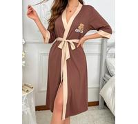 Womens Mid Length Robe Soft V Neck Bathrobe with Tie Belt, Lightweight Wrap Lounge Robe for Home Spa Travel