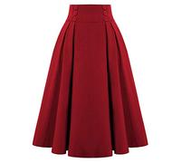 Women's Mid Length Skirt - Vintage Pleated High Waist Casual Skirt with Button Classic Baggy Comfortable Chic and Elegant Everyday Irregular Ruffle Skirt Party, Red, S