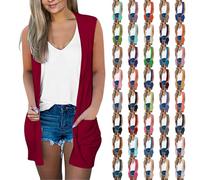 Women's mid-length sleeveless cardigan, large size, loose coat, cooling coats, solid colour, casual clothing, lightweight cardigan, outdoor loungewear, Orange, 3XL