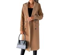 Womens Mid-Long Wool Trench Coat Notched Lapel Double Breasted Wool Blend Overcoat Winter Coats for Women, Khaki, XL