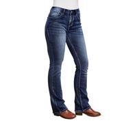 Women's Mid Rise Bootcut Jeans Western Stretchy Straight Leg Denim Pants, Dark Blue, S