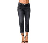 Womens Mid Rise Cropped Jeans Stretchy Straight Leg Frayed Hem Denim Pants
