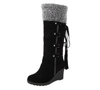 Womens Mid Wedge Boots Fur Lined High Heel Warm Winter Round Head Plush Vintage Wedge Mid Boots Back Lace Up Sanding Tassels High Sleeves Wedges Snow Boots Black