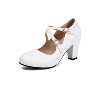 Women's Middle Heels Strap High Heel Chunky Mary Jane Shoes Round Toe Comfortable Fashion Footwear for Casual Outings and Dating (White, 35.00)