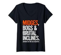 Women's Midges Bogs Brutal Inclines Funny Scottish Hiker Camper V-Neck T-Shirt