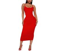 Women's Midi Bodycon Tight Dress - Spaghetti Strap Summer Casual Leopard Cheeath Print Club Party Long Fitted Slip Dresses, Red, M