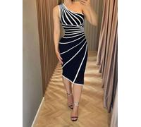 Women's Midi Dress, Striped Bodycon Fitted Cocktail Party Pencil Dress | One-shoulde,curve-hugging fit,contrast trim,glamorous vibe,wedding guest,birthday parties,cocktail hour,anniversary dinners