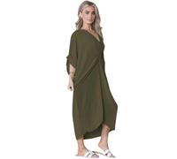 Womens Midi Dress V-Neck Tie Knotted Twisted Front Oversized Longline Knot Dress One Size UK Fit (Up 8 to 20) (Khaki, One Size UK Fit (Up 8 to 20))