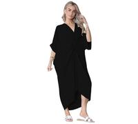 Womens Midi Dress V-Neck Tie Knotted Twisted Front Oversized Longline Knot Dress One Size UK Fit (Up 8 to 20) (Black, One Size UK Fit (Up 8 to 20))