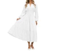 Women's Midi Dress with Tiered Skirt and Smocked Waist - Long Sleeve Boho Dress with V-Neck Romantic Dress for Spring and Summer, Style_w04 White, S