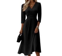 Womens Midi Dresses Crossover V-Neck 3/4 Sleeve Funeral Outfits Womens | Crossover V-Neck 3/4 Sleeve Wrap Midi Swing Dress with Ruched High Waist & Invisible Back Zipper