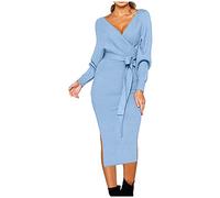 Women's MIdi Dresses Elegant Long Sleeve Cocktail Wrap Dress with Belt V Neck High Waist Long Sweater Dress Casual Solid Color Bodycon Autumn Dress Lightweight Knitted Jumper Dress for Women Winter